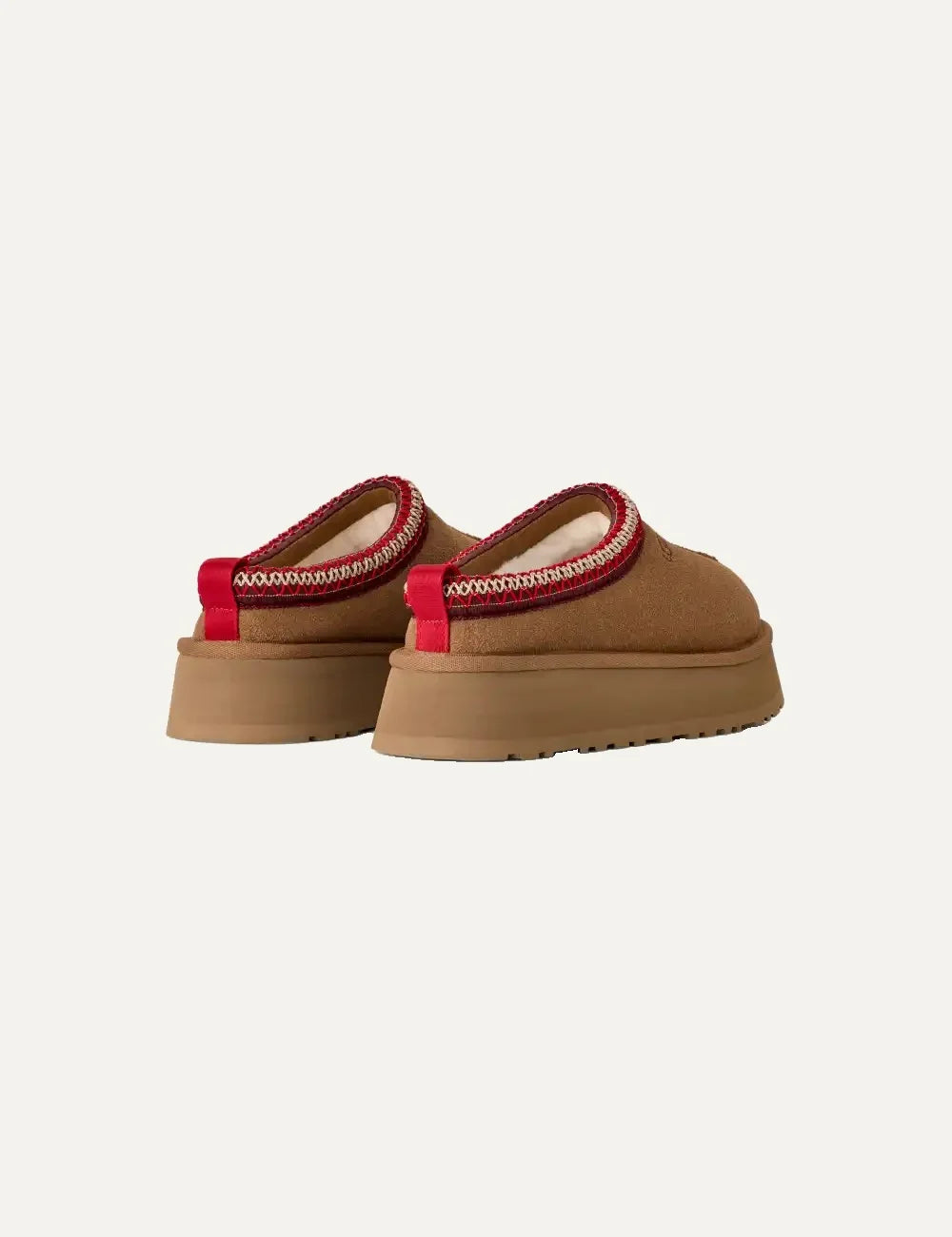 Unisex UGG Tazz II brown suede platform shoes with red UGGbraid trim, sheepskin lining and Sugarcane EVA outsole back