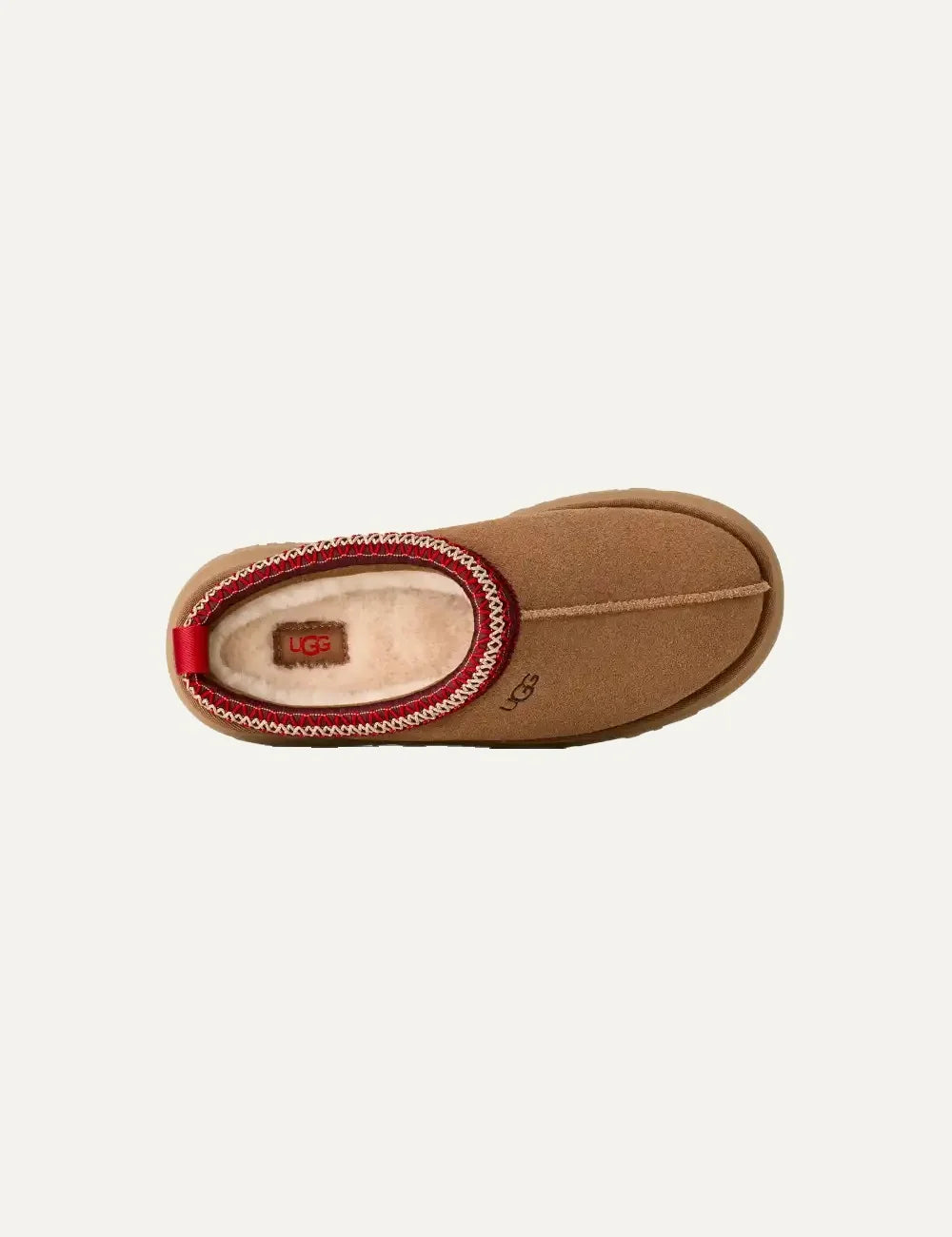 Unisex UGG Tazz II brown suede platform shoes with red UGGbraid trim, sheepskin lining and Sugarcane EVA outsole top