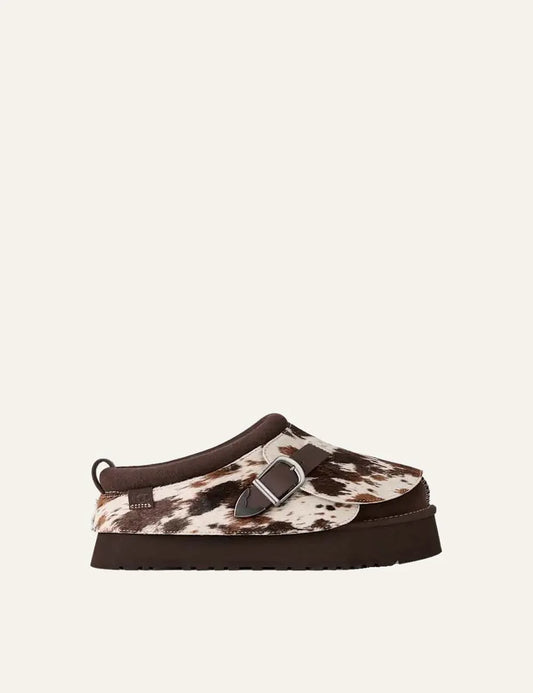 Unisex UGG Tazz Western brown and cream platform shoes with hand-painted cow hair upper, suede details, leather strap and metal buckle