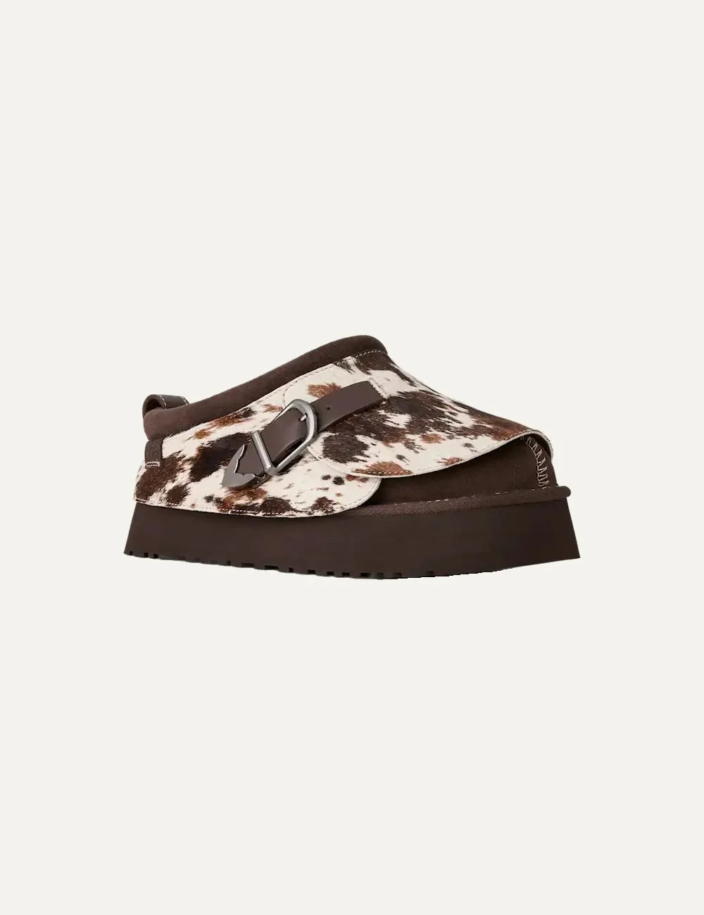Unisex UGG Tazz Western brown and cream platform shoes with hand-painted cow hair upper, suede details, leather strap and metal buckle angled