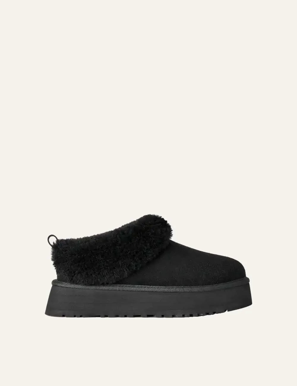 Unisex UGG Tazzelle black suede platform shoes with plush sheepskin collar, sheepskin lining and Sugarcane EVA outsole