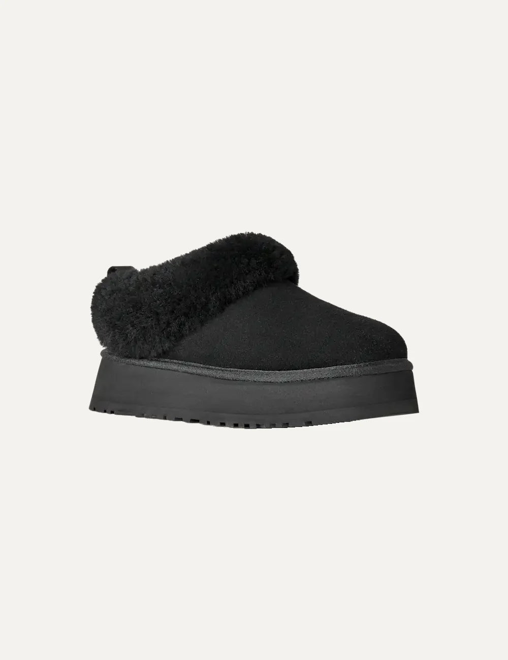 Unisex UGG Tazzelle black suede platform shoes with plush sheepskin collar, sheepskin lining and Sugarcane EVA outsole angled