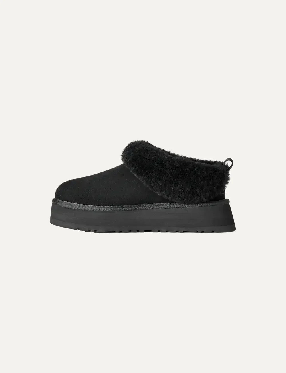 Unisex UGG Tazzelle black suede platform shoes with plush sheepskin collar, sheepskin lining and Sugarcane EVA outsole profile