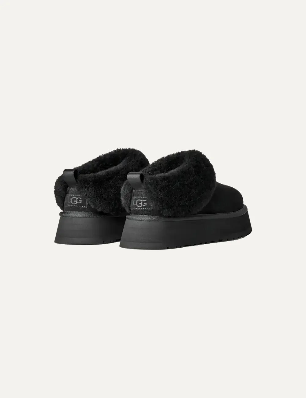 Unisex UGG Tazzelle black suede platform shoes with plush sheepskin collar, sheepskin lining and Sugarcane EVA outsole back