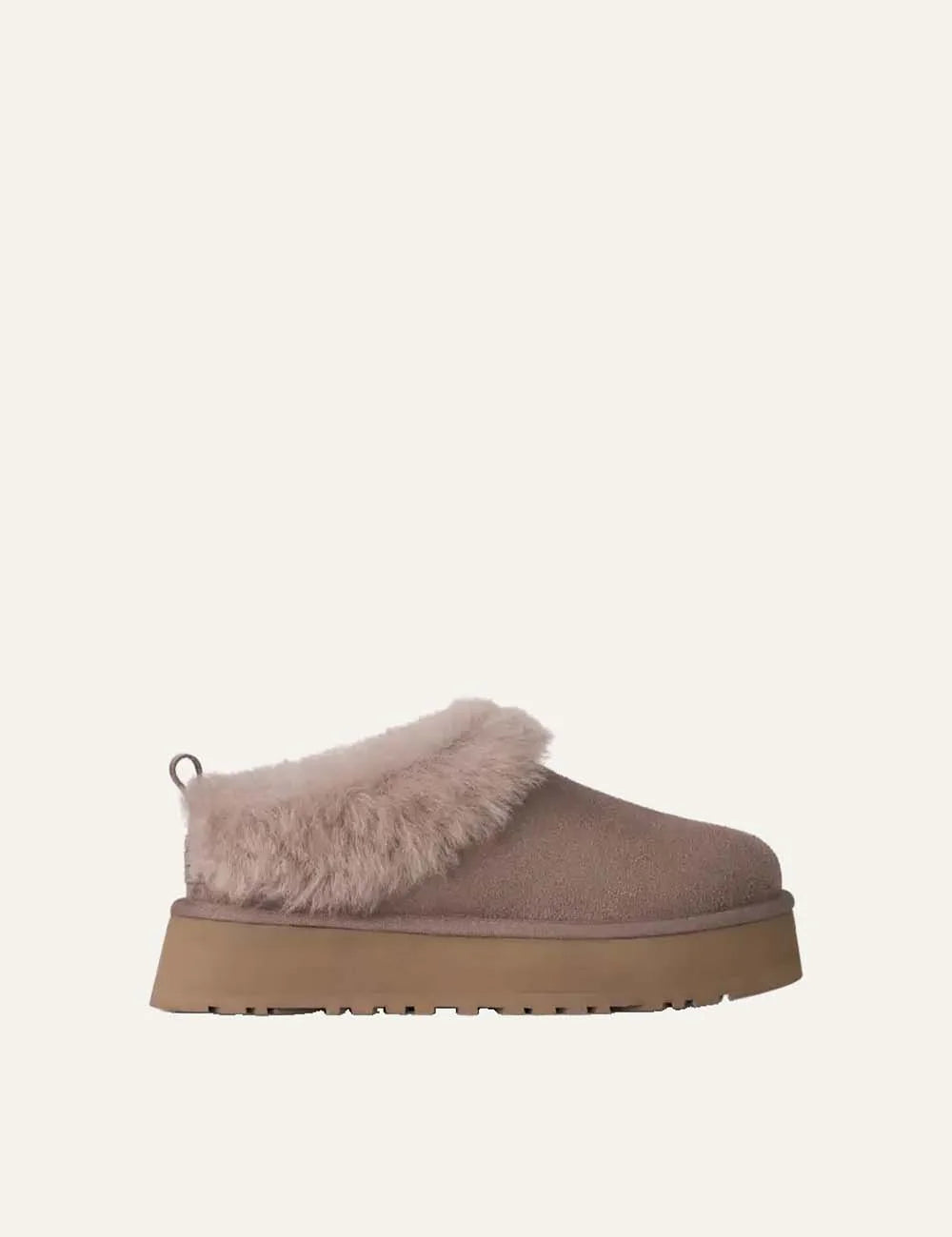 Unisex UGG Tazzelle pink beige suede platform shoes with plush sheepskin collar, sheepskin lining and Sugarcane EVA outsole