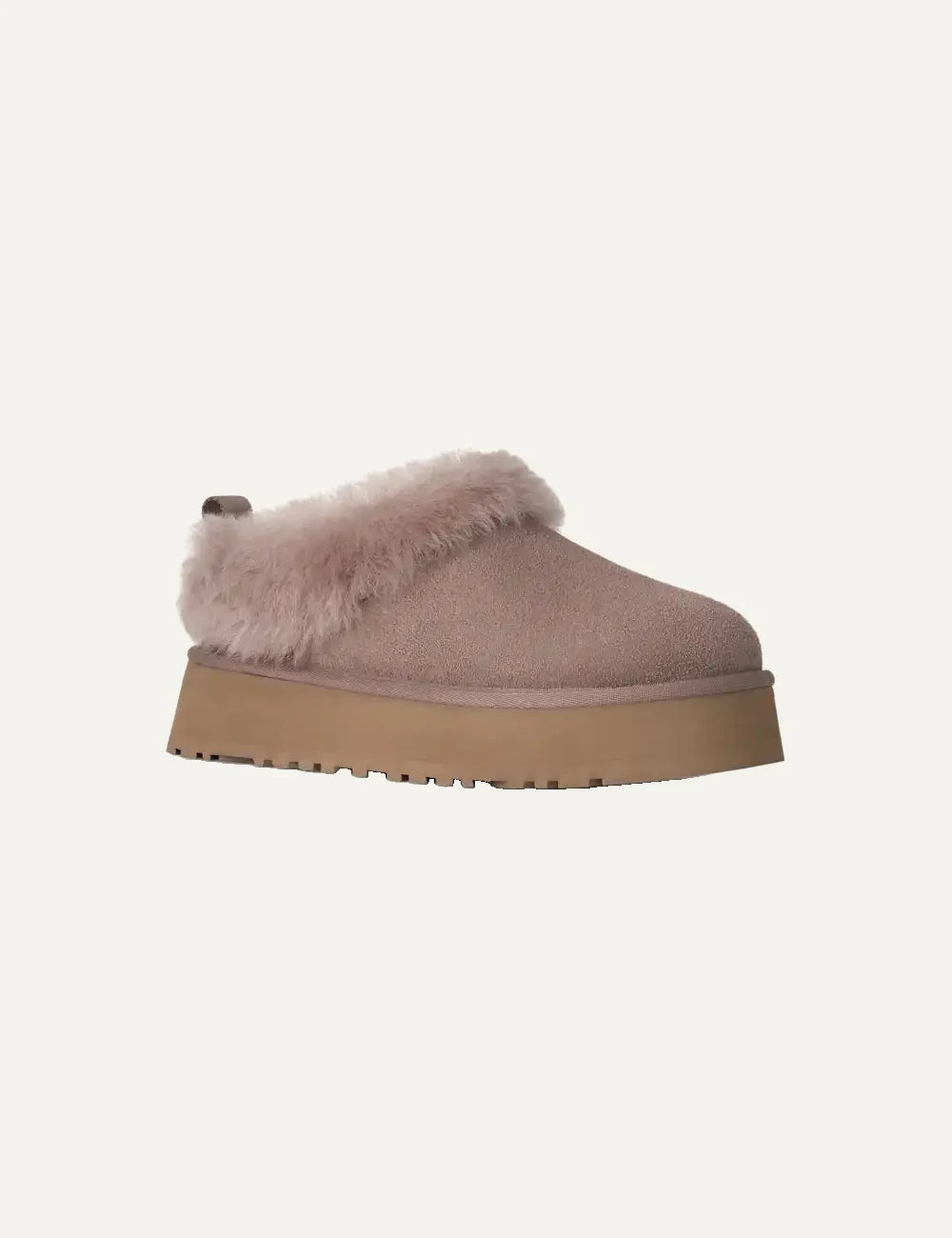 Unisex UGG Tazzelle pink beige suede platform shoes with plush sheepskin collar, sheepskin lining and Sugarcane EVA outsole angled
