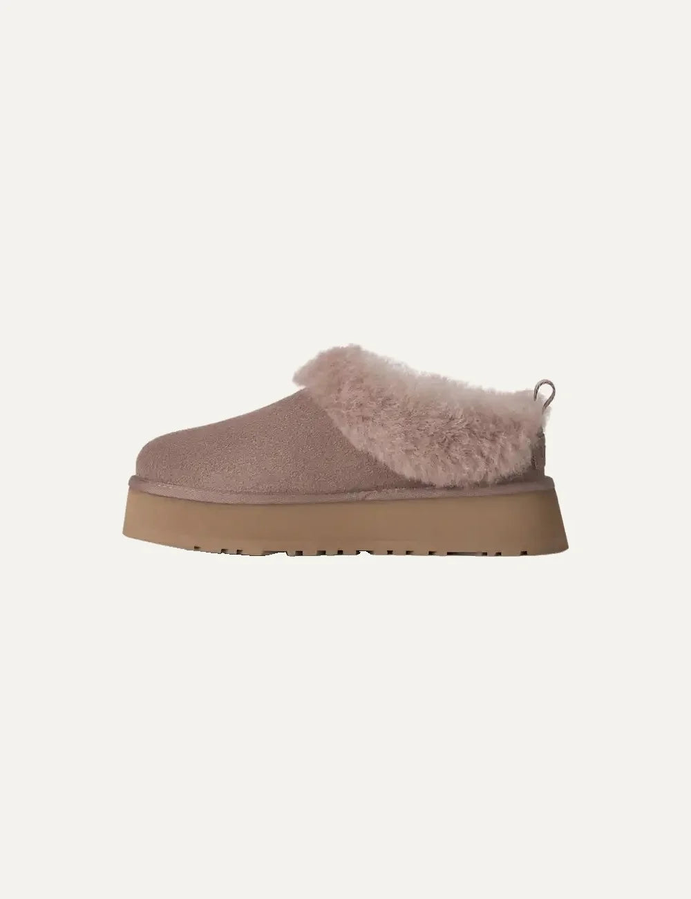 Unisex UGG Tazzelle pink beige suede platform shoes with plush sheepskin collar, sheepskin lining and Sugarcane EVA outsole profile