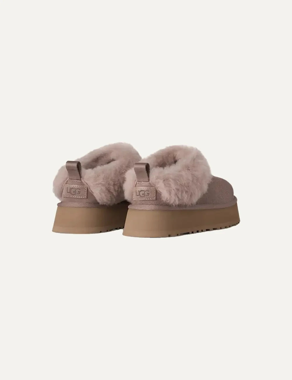 Unisex UGG Tazzelle pink beige suede platform shoes with plush sheepskin collar, sheepskin lining and Sugarcane EVA outsole back