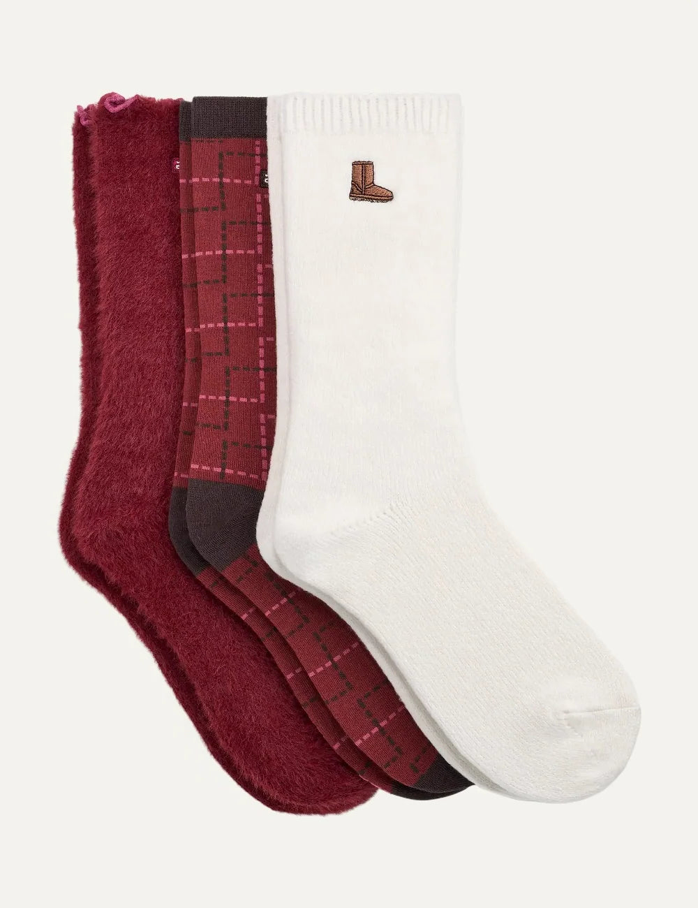 UGG women Classic Crew 3 Pack socks in white, burgundy plaid and fuzzy burgundy