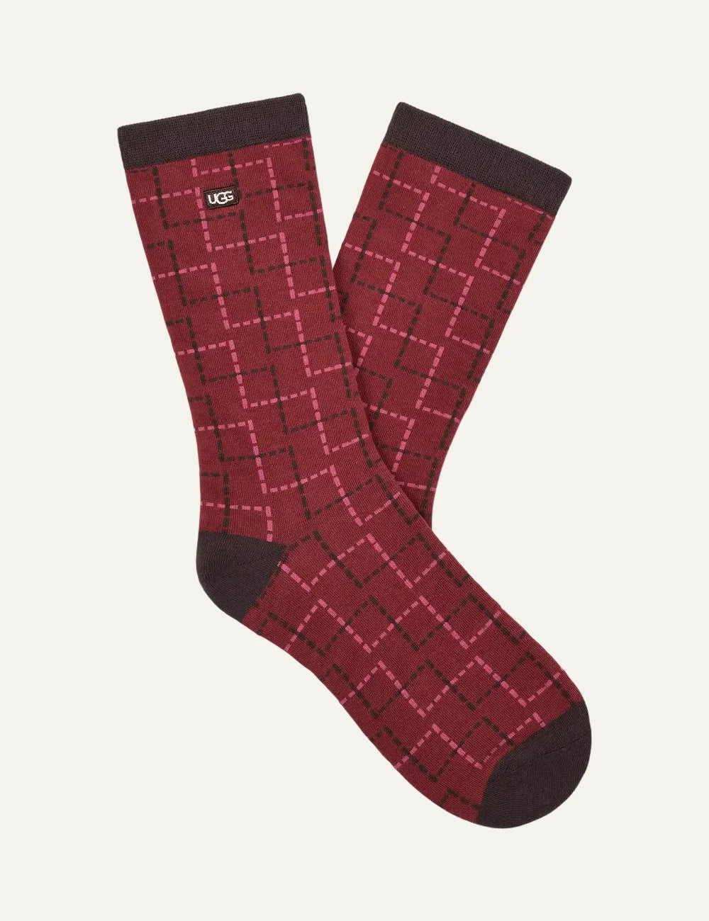 UGG women Classic Crew 3 Pack socks in white, burgundy plaid and fuzzy burgundy red