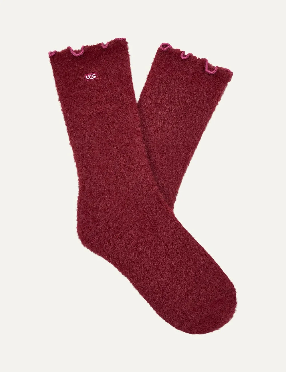 UGG women Classic Crew 3 Pack socks in white, burgundy plaid and fuzzy burgundy red
