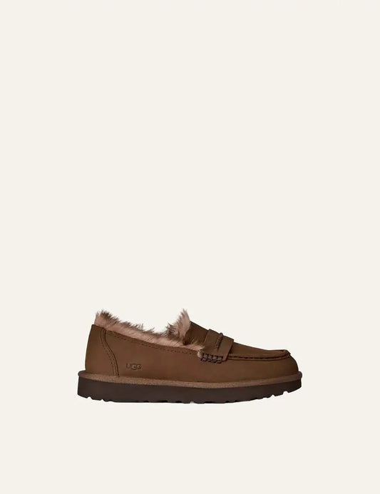 UGG women Ellis Nubuck Dark Cocoa loafers with sheepskin lining
