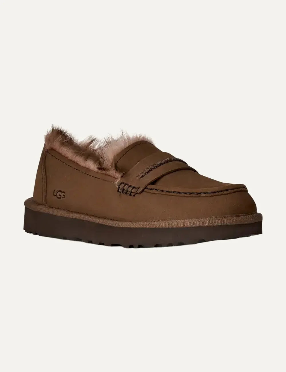 UGG women Ellis Nubuck Dark Cocoa loafers with sheepskin lining angled