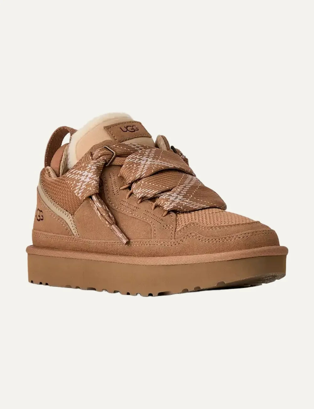 UGG Women’s Chestnut Suede Lowmel Sneakers with Two-Tone Laces angled