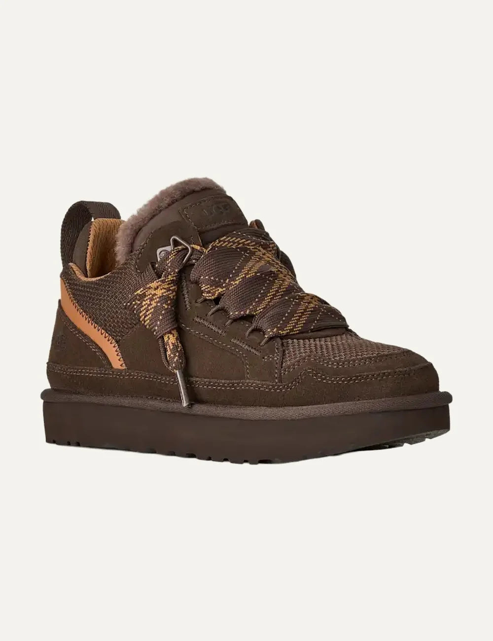 UGG women Lowmel Dark Cocoa suede and mesh sneakers with two-tone laces angled