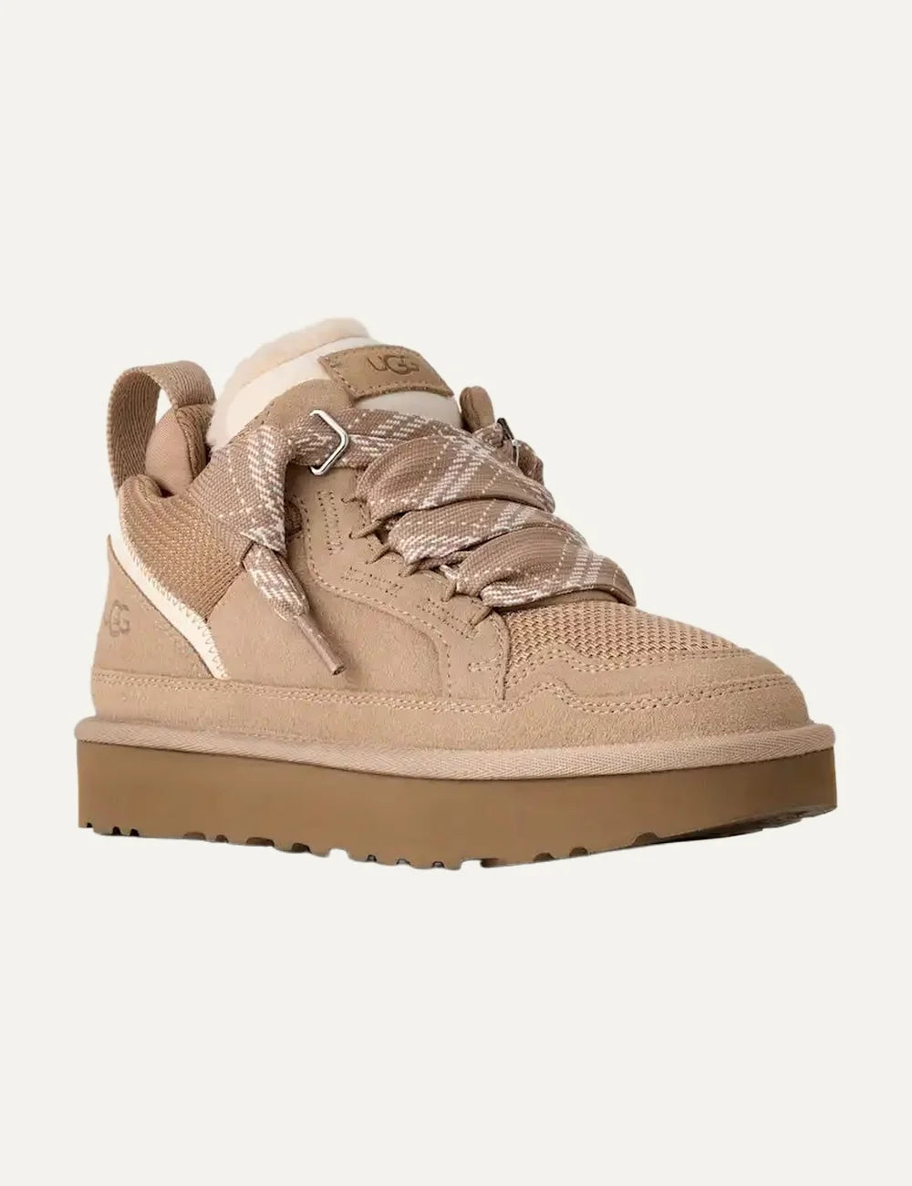 UGG women Lowmel Sand suede and mesh sneakers with two-tone laces angled