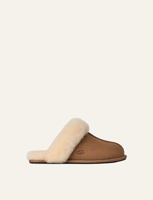 UGG Women’s Chestnut Suede Slippers with Cream Sheepskin Trim