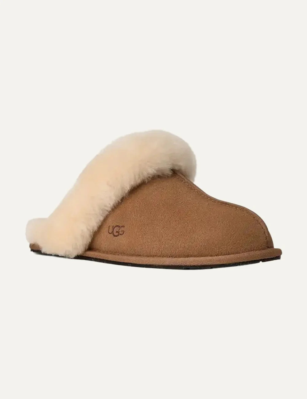 UGG Women’s Chestnut Suede Slippers with Cream Sheepskin Trim front