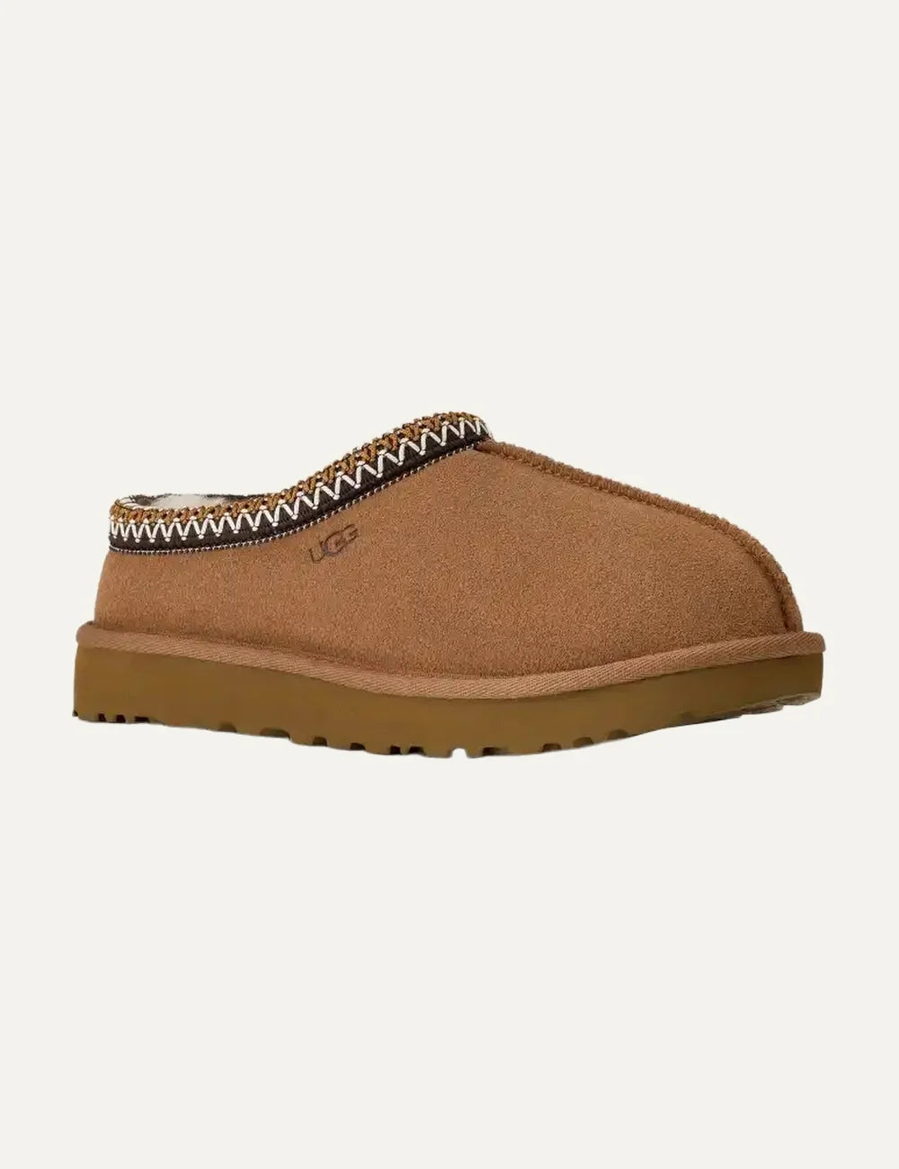 UGG Women’s Chestnut Suede Tasman II Slippers with Braided Trim angled