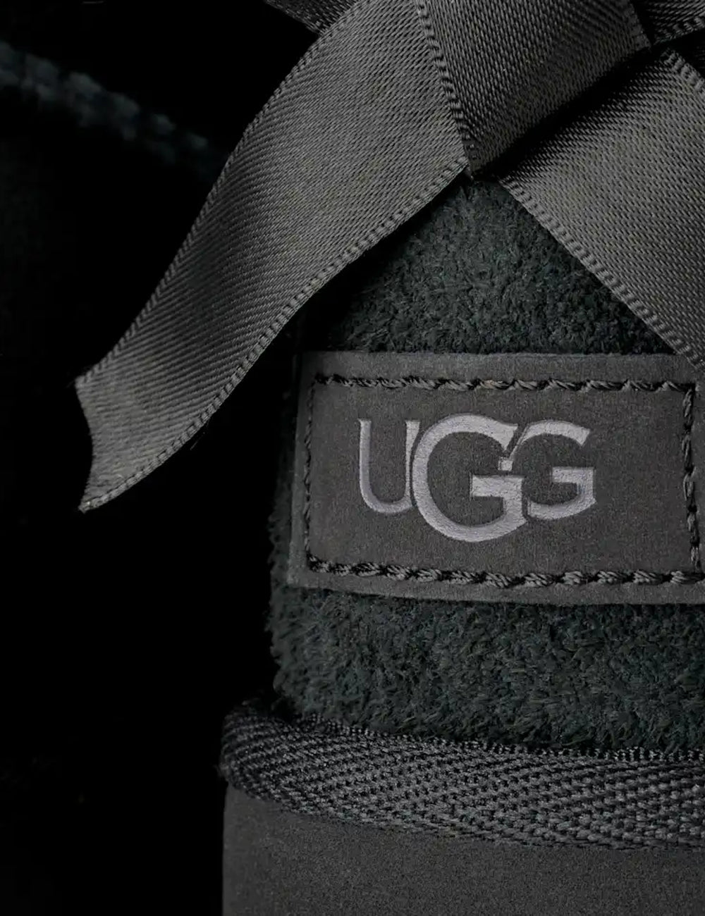 Women's UGG Bailey Bow Ultra Mini black boots with Twinface sheepskin, satin back bow and Sugarcane EVA sole logo