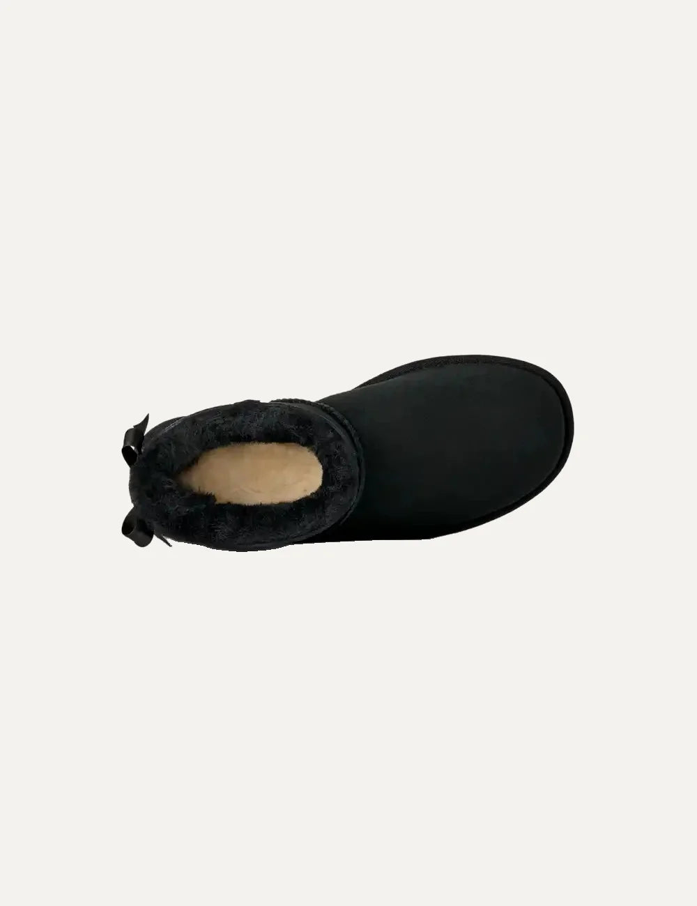 Women's UGG Bailey Bow Ultra Mini black boots with Twinface sheepskin, satin back bow and Sugarcane EVA sole top
