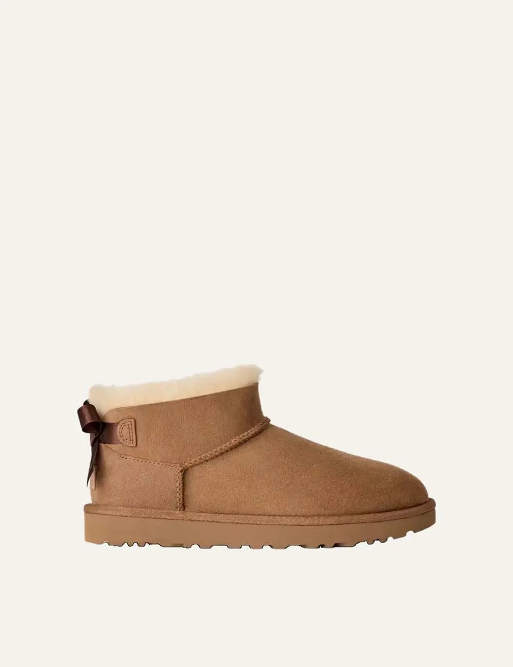 Women's UGG Bailey Bow Ultra Mini Chestnut boots with Twinface sheepskin, satin back bow and Sugarcane EVA sole
