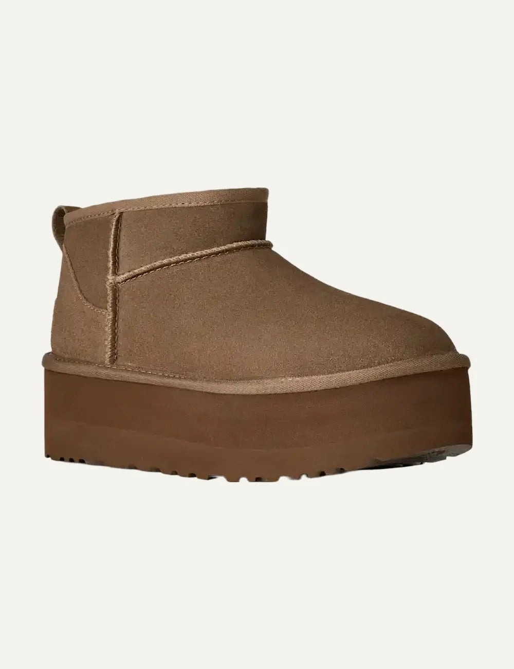  UGG Women’s Brown Suede Classic Ultra Mini Platform Boots angled