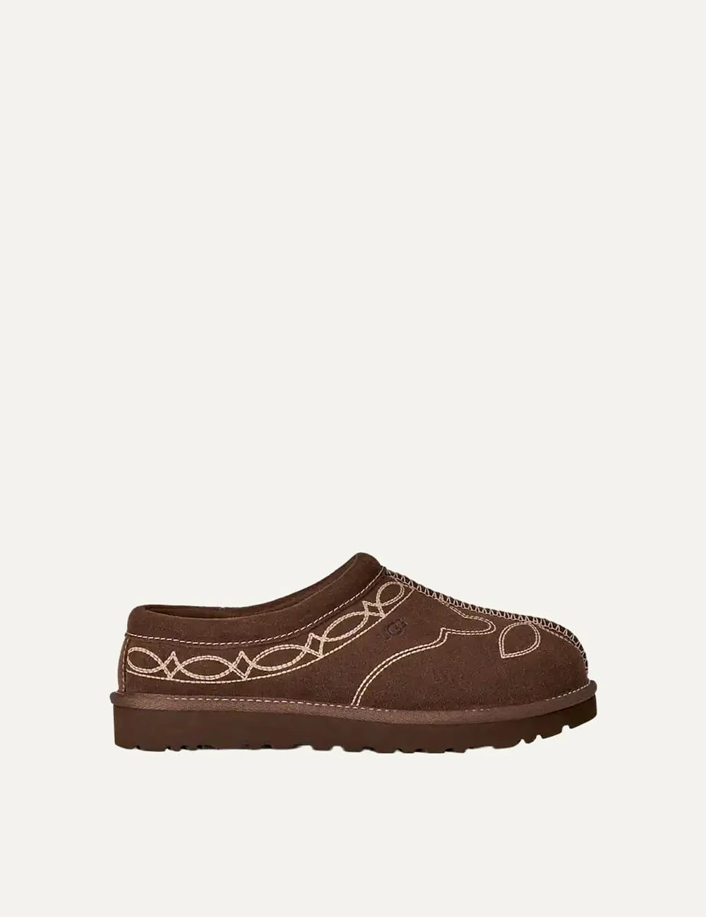 UGG Women’s Brown Suede Tasman Western Slippers with Beige Embroidery