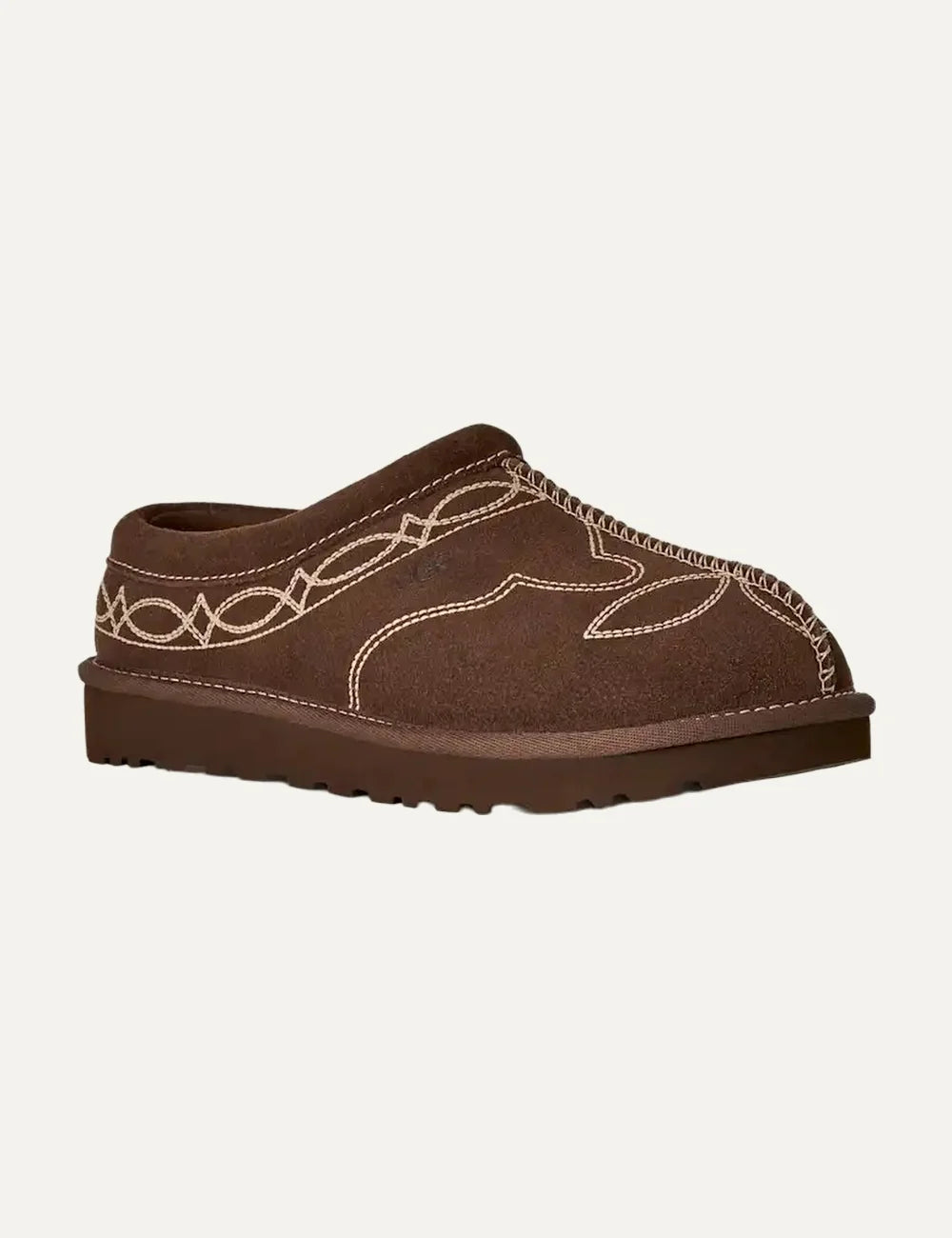 UGG Women’s Brown Suede Tasman Western Slippers with Beige Embroidery angled
