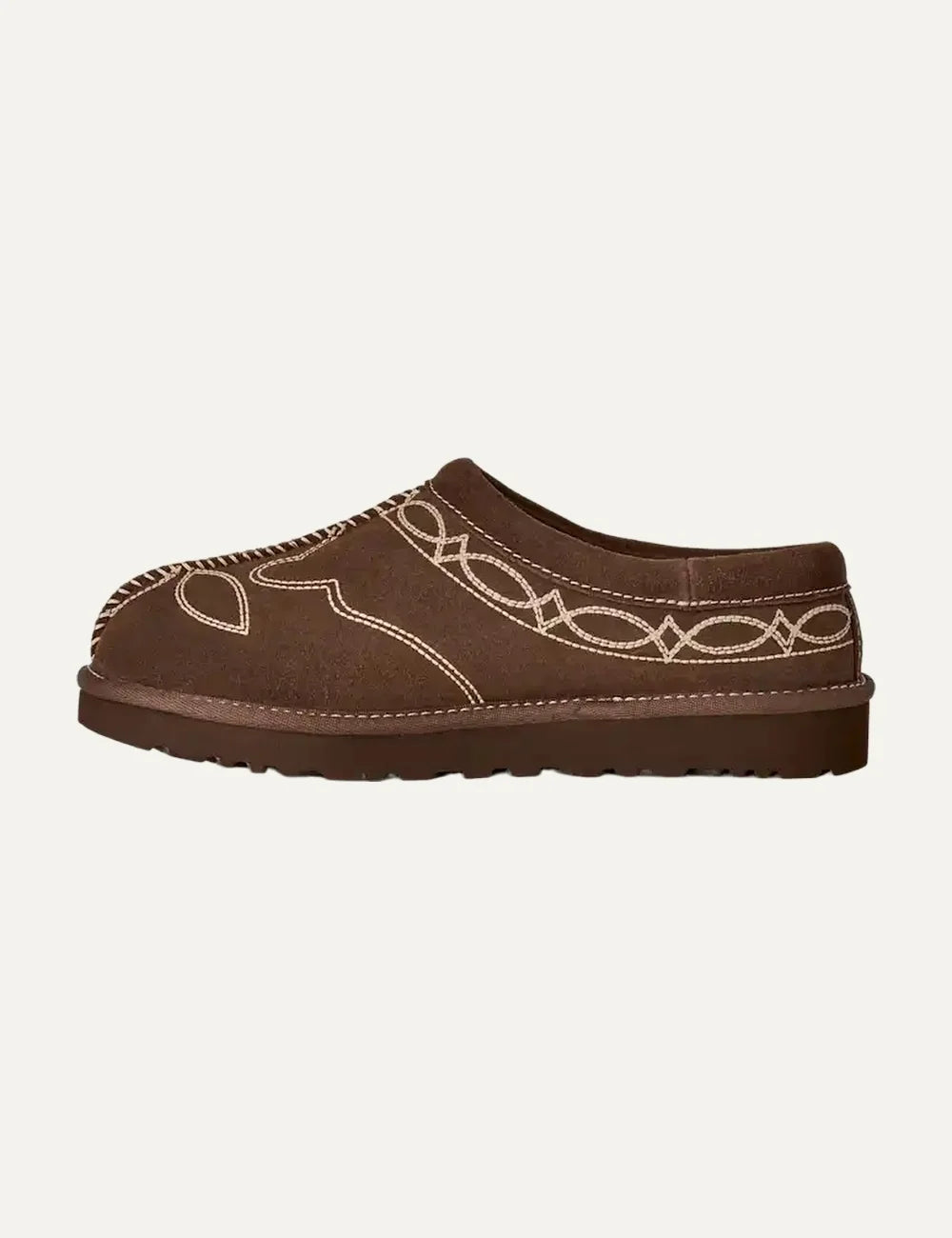 UGG Women’s Brown Suede Tasman Western Slippers with Beige Embroidery profile