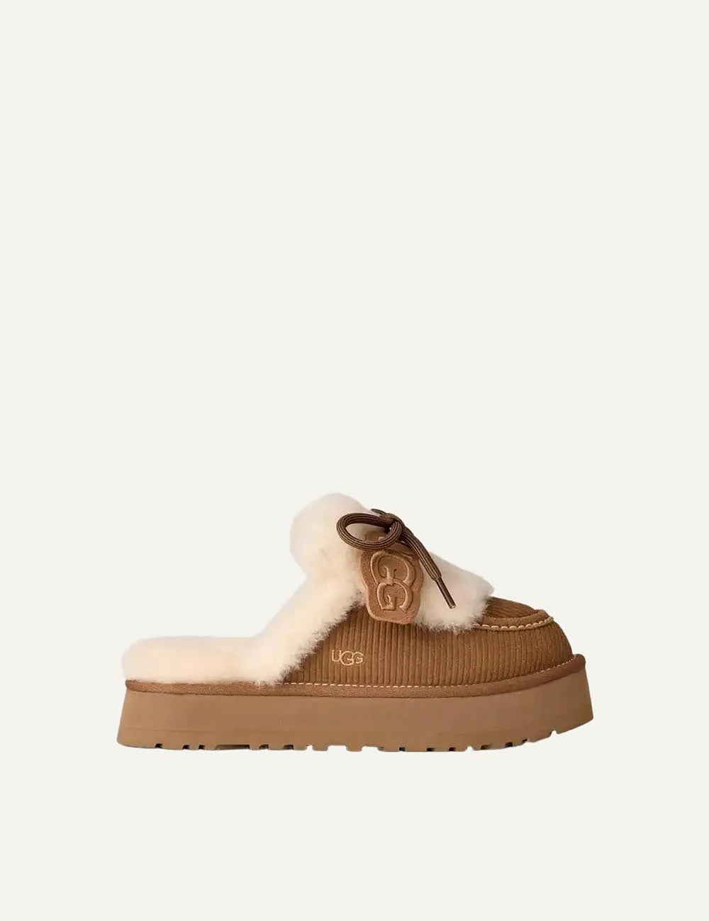 UGG Women’s Chestnut Suede Disquette Heritage Platform Slippers with Cream Sheepskin Trim