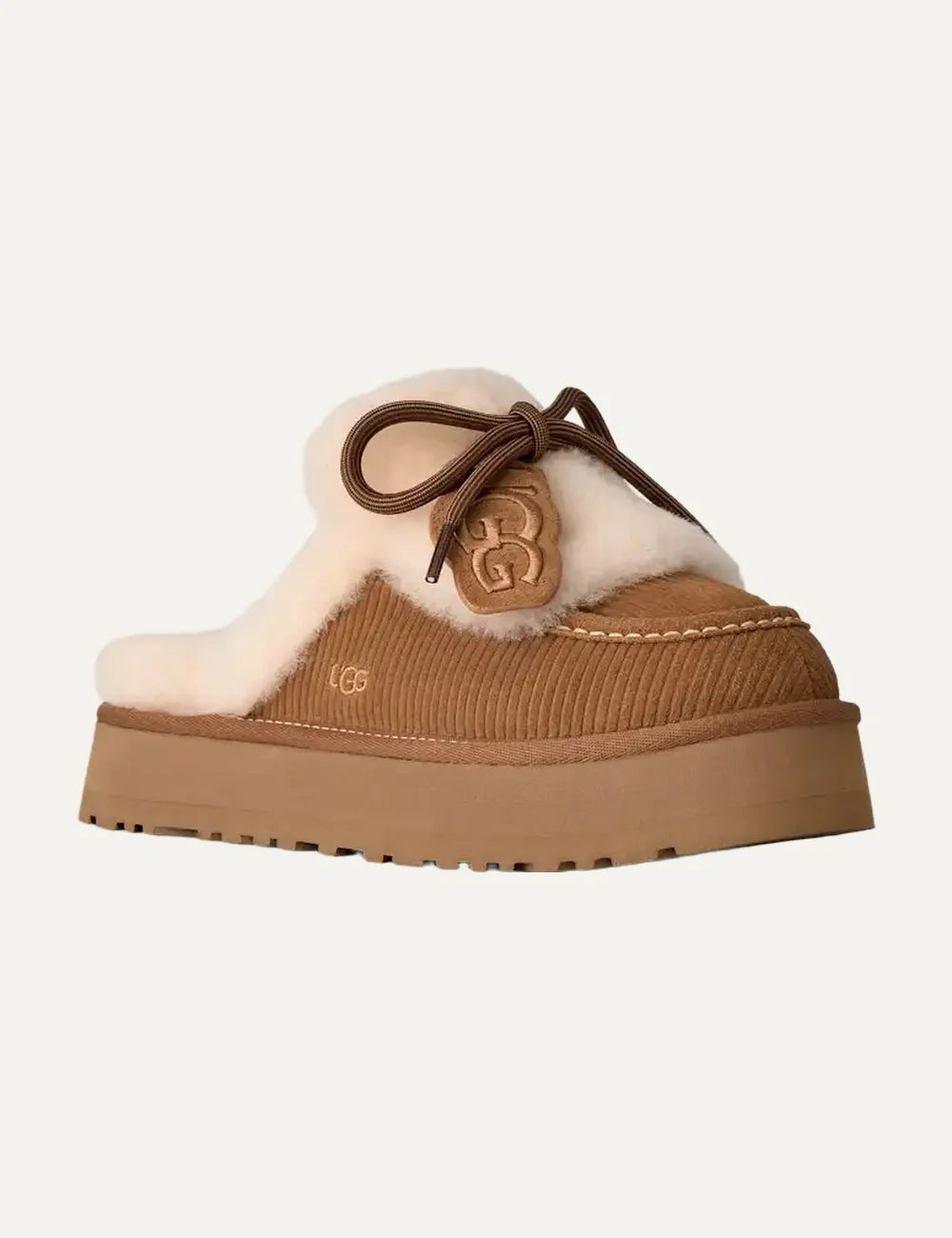 UGG Women’s Chestnut Suede Disquette Heritage Platform Slippers with Cream Sheepskin Trim angled
