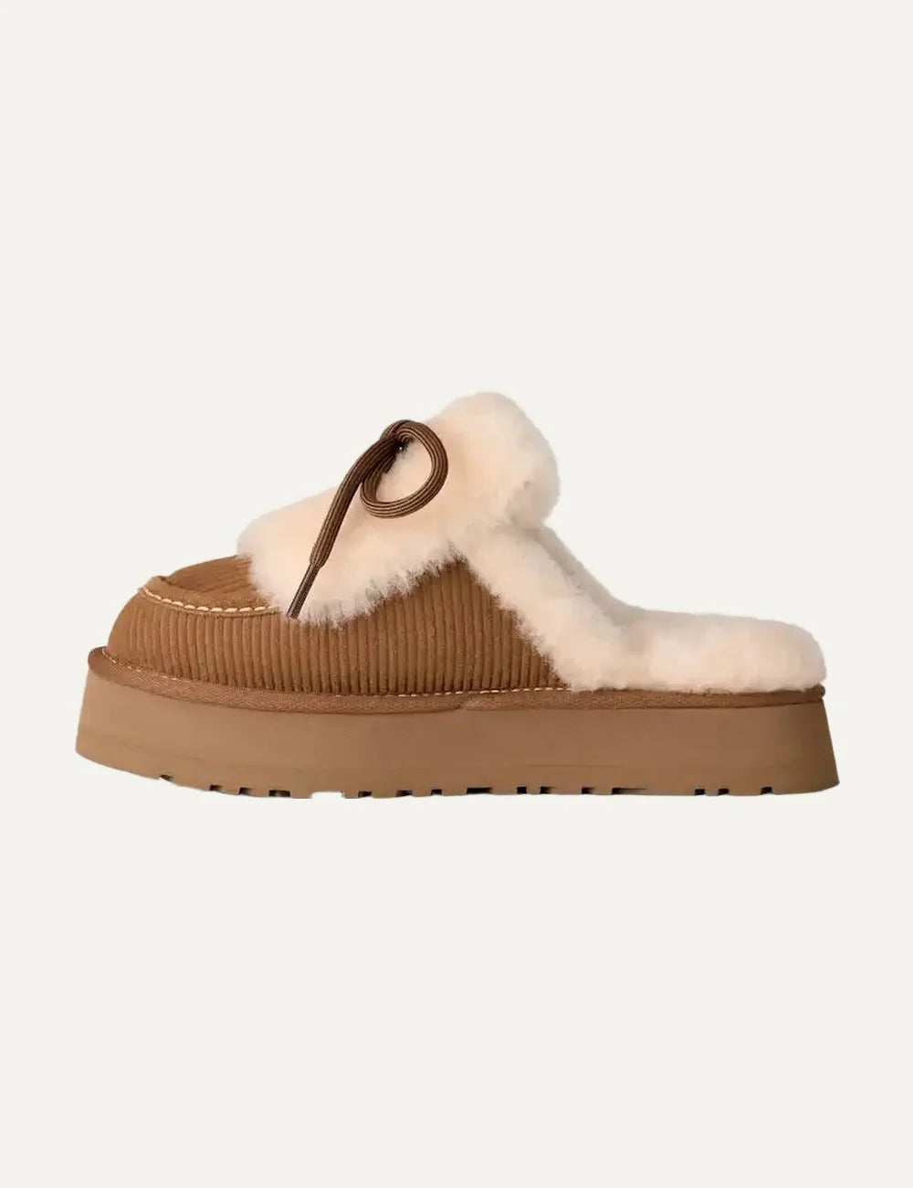 UGG Women’s Chestnut Suede Disquette Heritage Platform Slippers with Cream Sheepskin Trim profile
