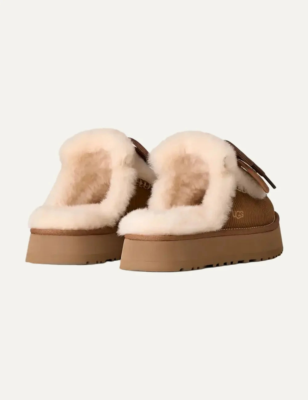 UGG Women’s Chestnut Suede Disquette Heritage Platform Slippers with Cream Sheepskin Trim back