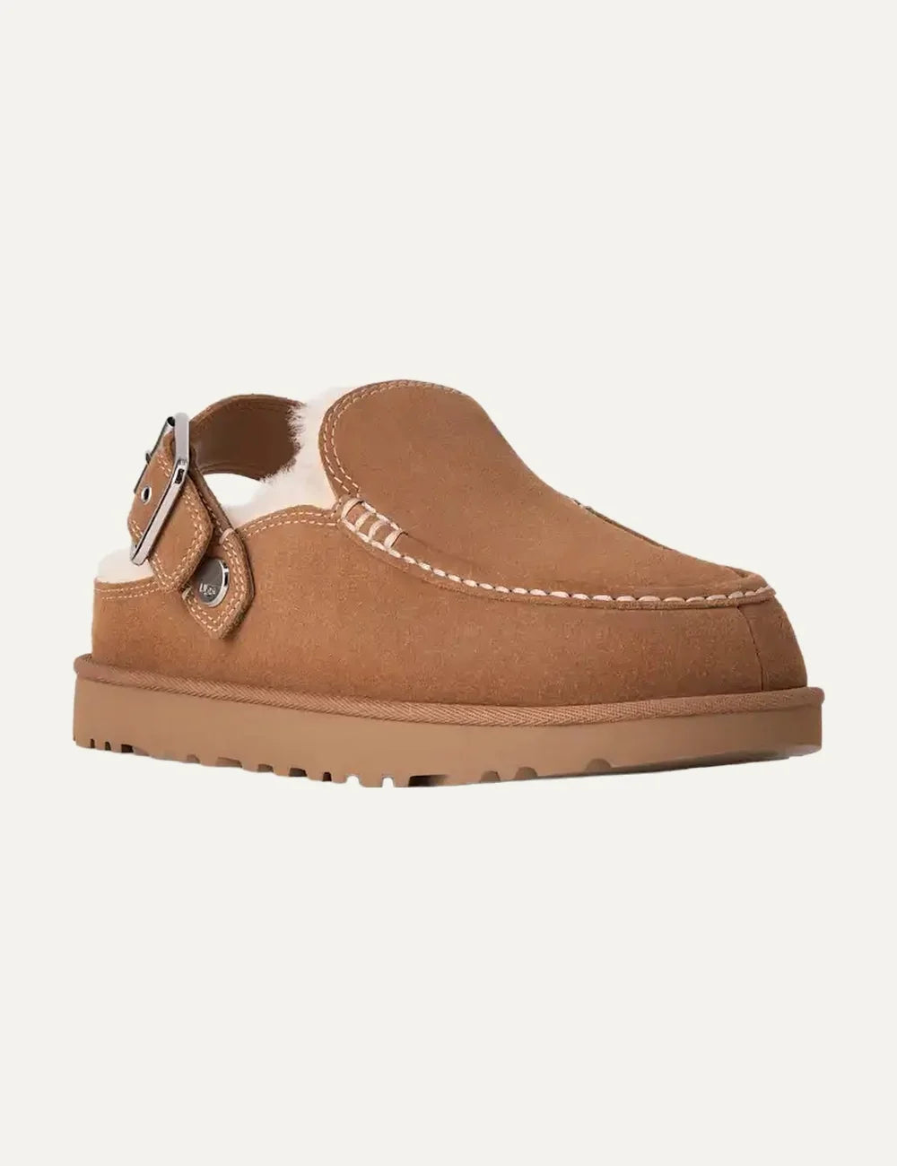 UGG Women’s Chestnut Suede Goldenstar Evelina Clogs with Adjustable Buckle Strap angled