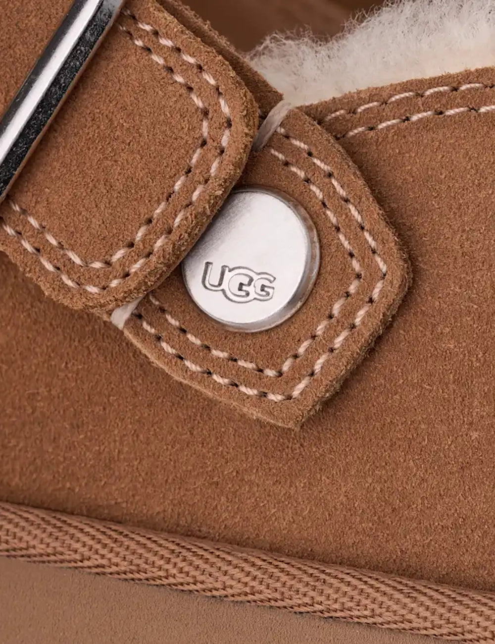 UGG Women’s Chestnut Suede Goldenstar Evelina Clogs with Adjustable Buckle Strap detail