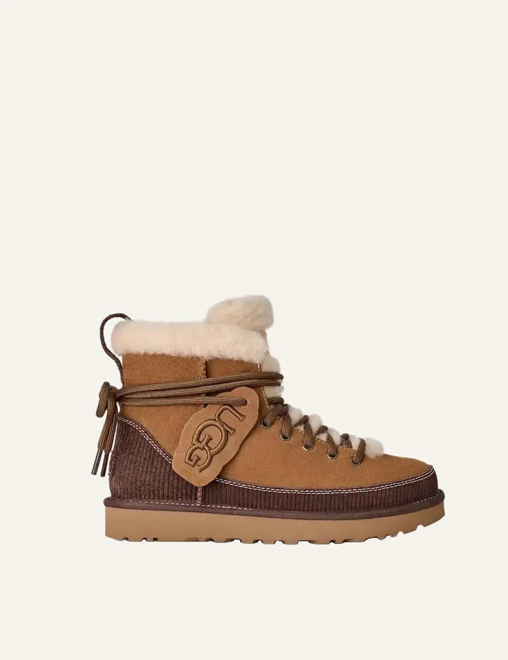 Women's UGG Classic Heritage Lace-Up brown suede boots with laces, sheepskin trim, UGG logo charm, UGGplush lining and Sugarcane EVA outsole