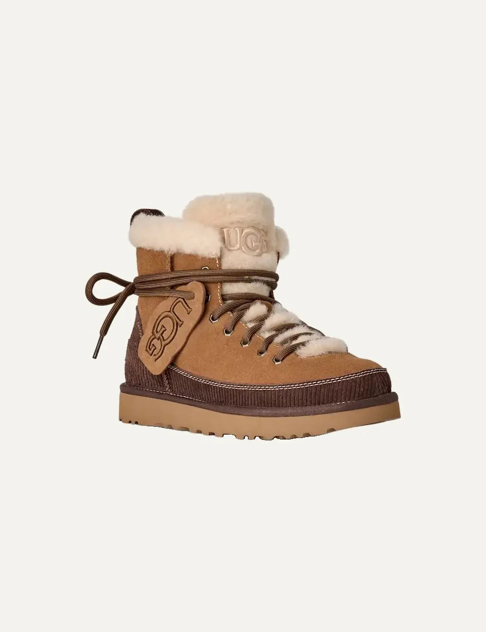 Women's UGG Classic Heritage Lace-Up brown suede boots with laces, sheepskin trim, UGG logo charm, UGGplush lining and Sugarcane EVA outsole angled