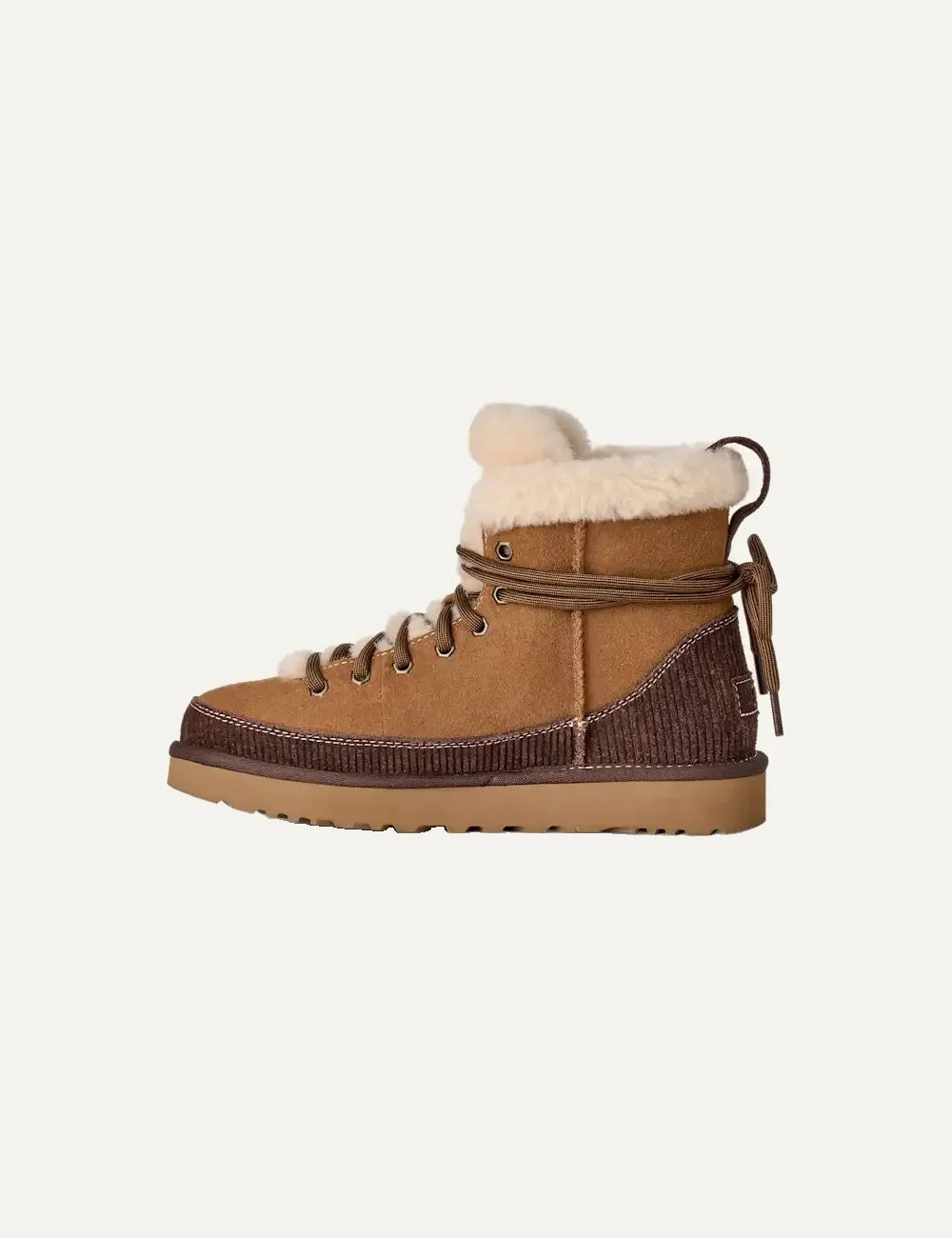 Women's UGG Classic Heritage Lace-Up brown suede boots with laces, sheepskin trim, UGG logo charm, UGGplush lining and Sugarcane EVA outsole profile