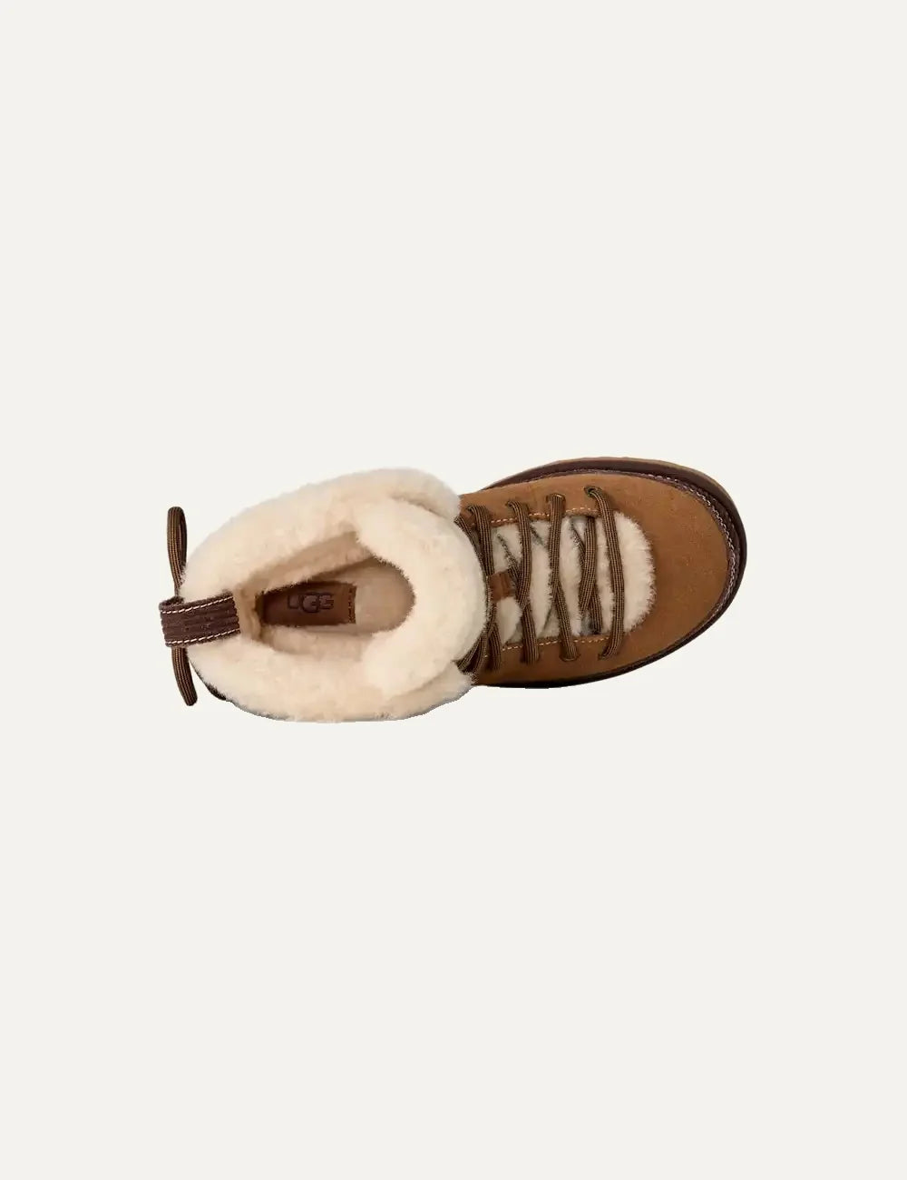 Women's UGG Classic Heritage Lace-Up brown suede boots with laces, sheepskin trim, UGG logo charm, UGGplush lining and Sugarcane EVA outsole top