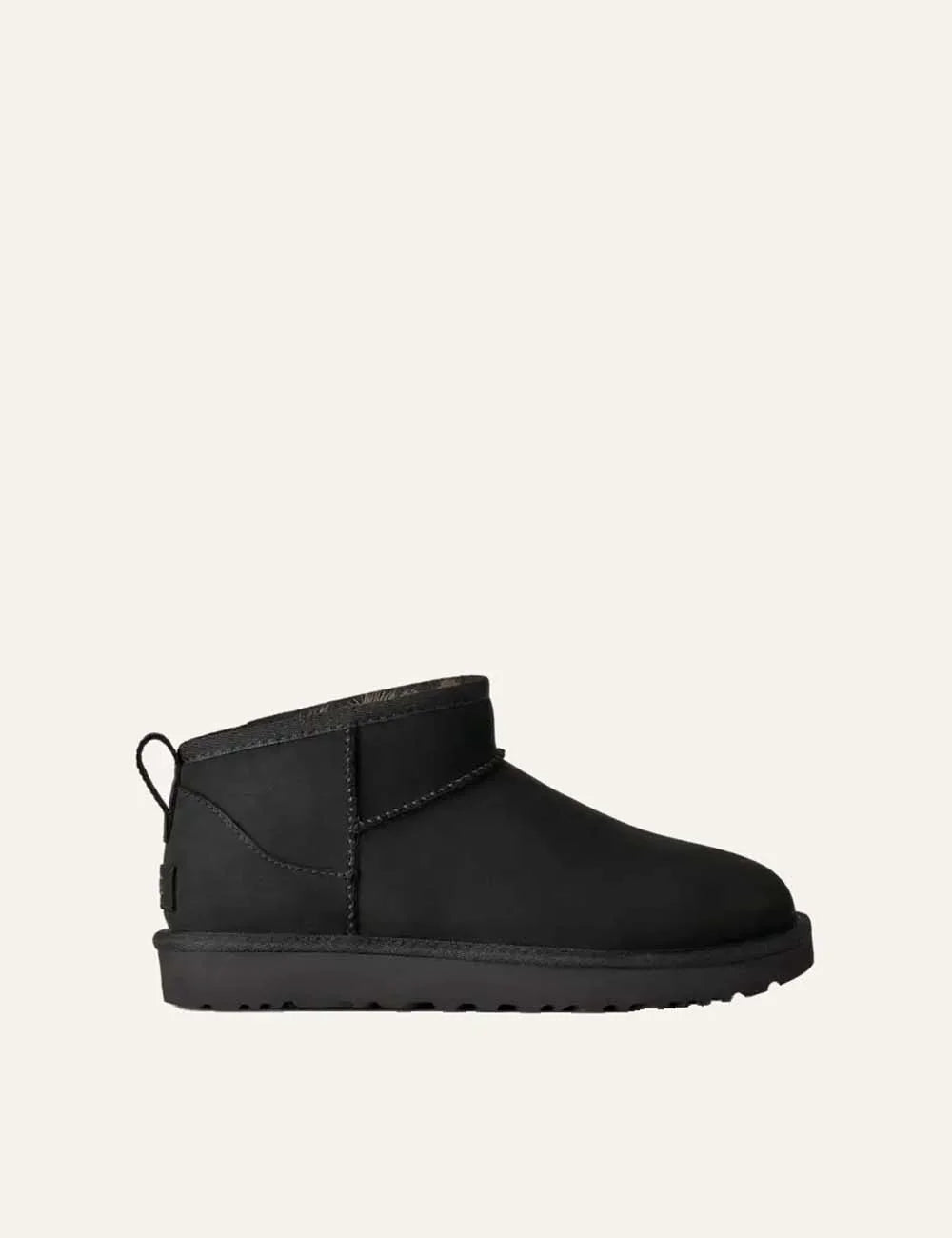 Women's UGG Classic Ultra Mini Nubuck black boots with sheepskin collar, UGGplush lining and Sugarcane EVA outsole