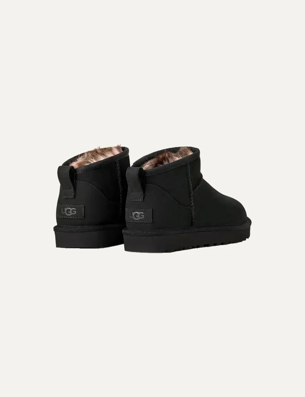 Women's UGG Classic Ultra Mini Nubuck black boots with sheepskin collar, UGGplush lining and Sugarcane EVA outsole back