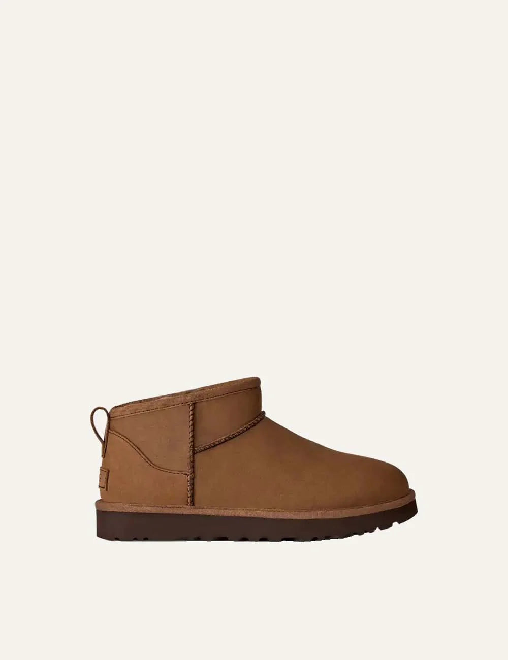 Women's UGG Classic Ultra Mini Nubuck brown boots with sheepskin collar, UGGplush lining and Sugarcane EVA outsole