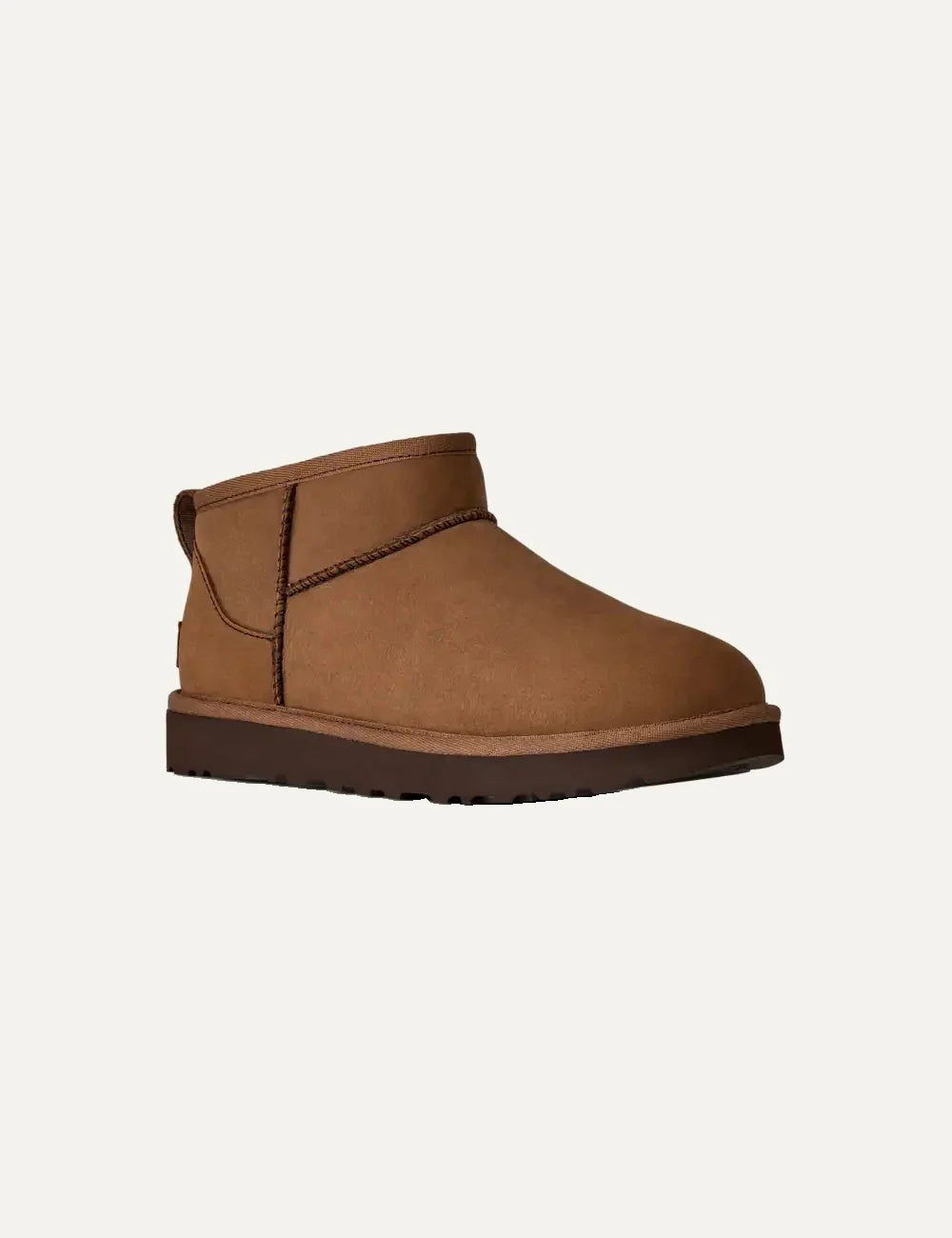 Women's UGG Classic Ultra Mini Nubuck brown boots with sheepskin collar, UGGplush lining and Sugarcane EVA outsole angled