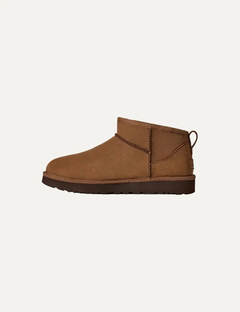Women's UGG Classic Ultra Mini Nubuck brown boots with sheepskin collar, UGGplush lining and Sugarcane EVA outsole profile