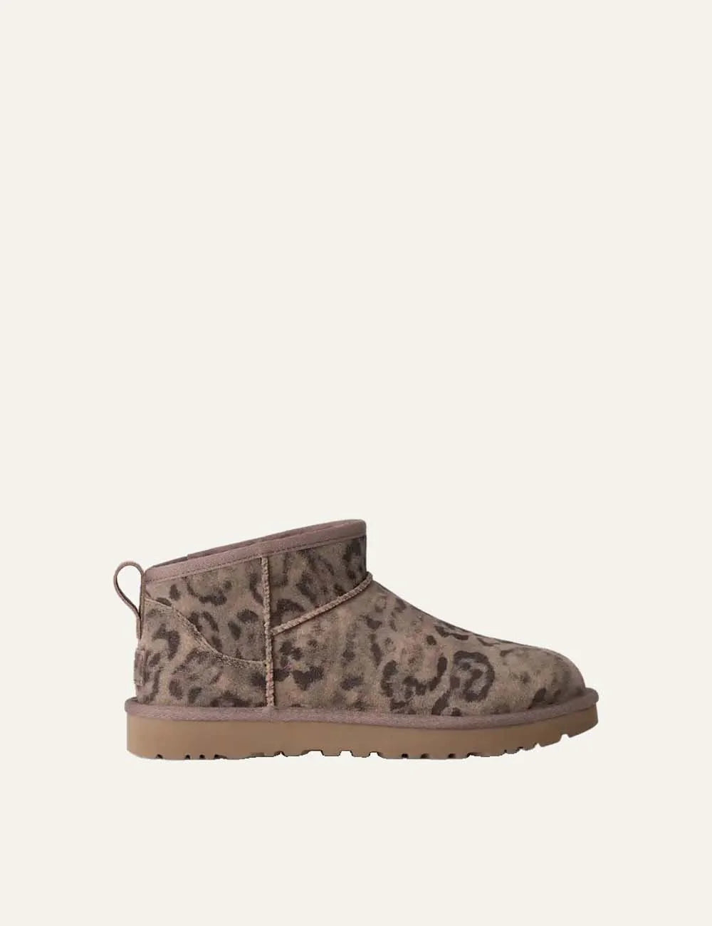Women's UGG Classic Ultra Mini Spotted brown suede boots with distressed animal print, UGGplush lining and Sugarcane EVA outsole