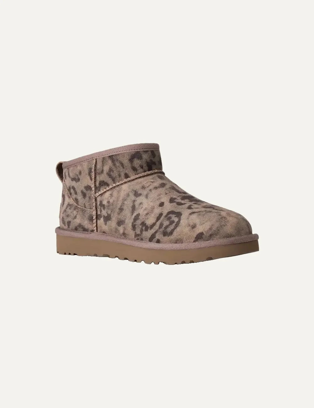 Women's UGG Classic Ultra Mini Spotted brown suede boots with distressed animal print, UGGplush lining and Sugarcane EVA outsole