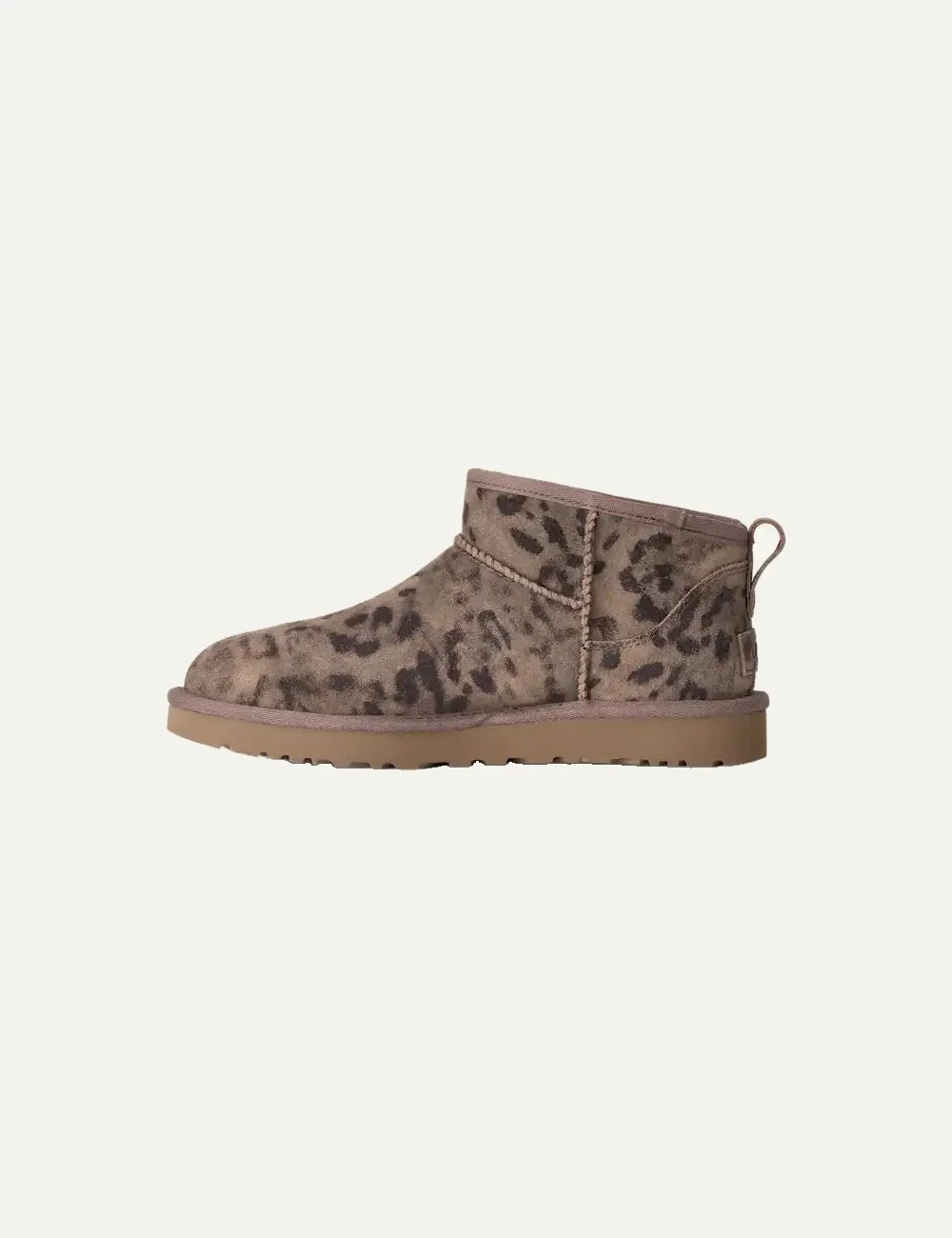 Women's UGG Classic Ultra Mini Spotted brown suede boots with distressed animal print, UGGplush lining and Sugarcane EVA outsole profile