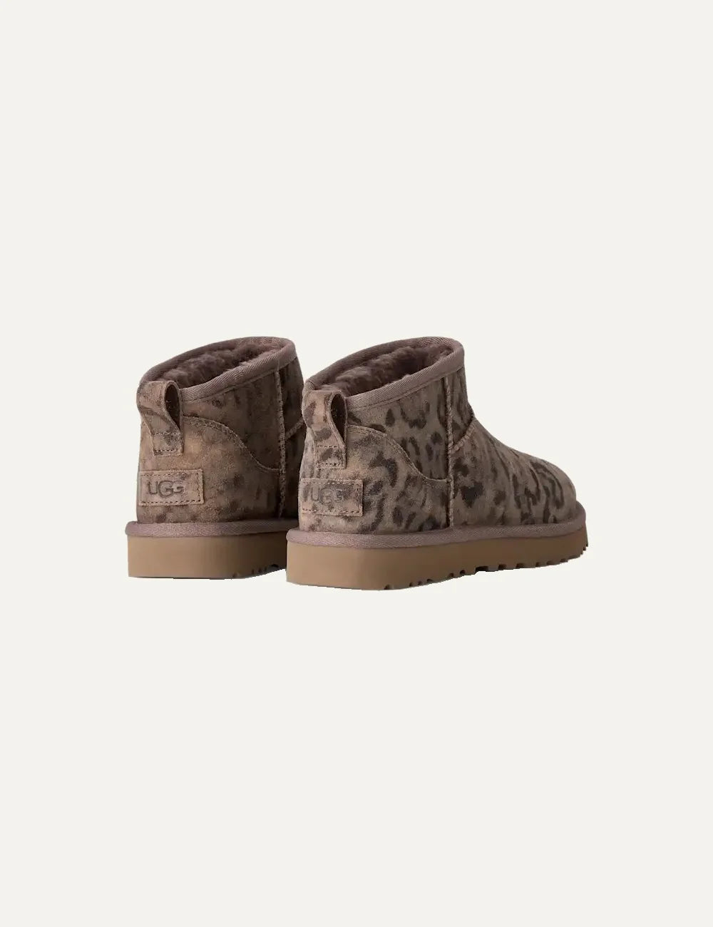 Women's UGG Classic Ultra Mini Spotted brown suede boots with distressed animal print, UGGplush lining and Sugarcane EVA outsole back