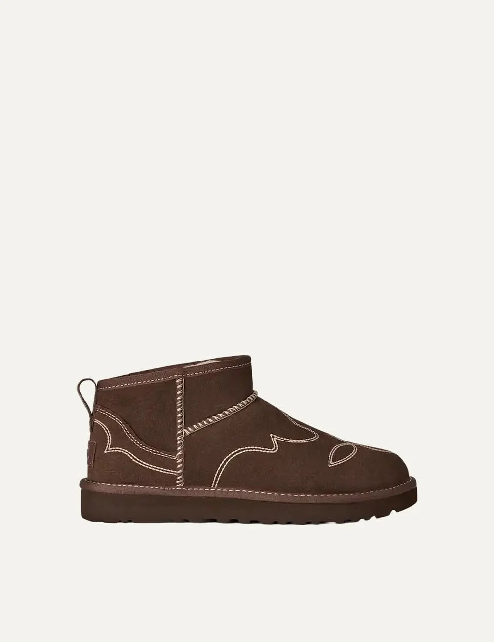 UGG Women’s Dark Brown Suede Classic Ultra Mini Western Boots with Beige Embroidery